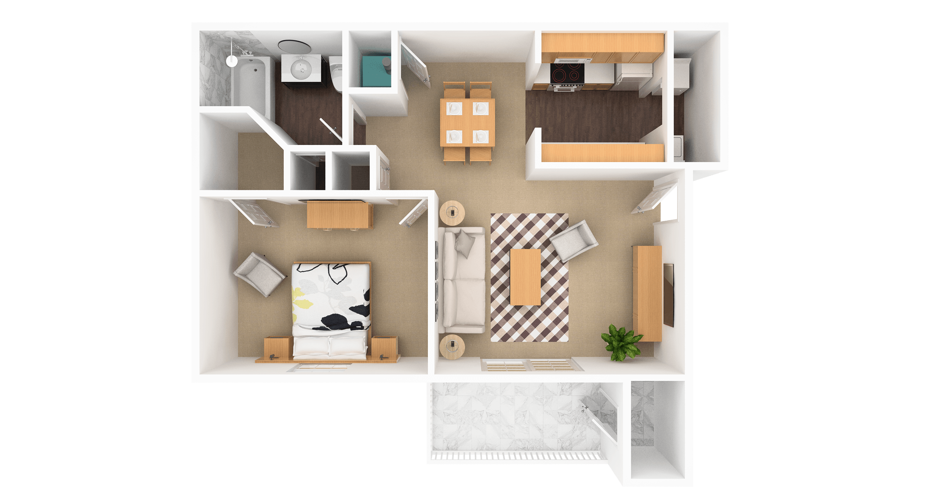 Floor plan for 1 bed, 1 bath, 685 sqft